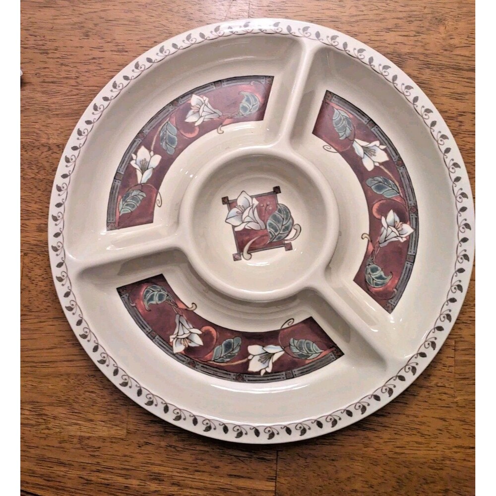 Mission Flower Pfaltzgraff Plastic Melamine Chip Dip Veggie Divided Tray 14"